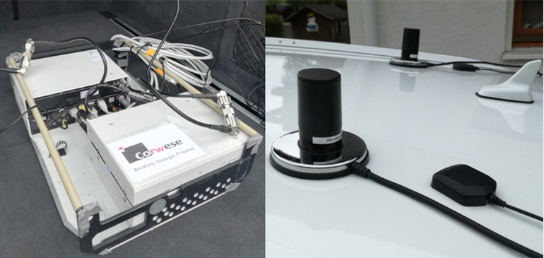 Abb. 2: professionelles Mess-Equipment von „Rohde & Schwarz“, Autodach-Antennen auf dem Messfahrzeug für die Vermessung der Straßen