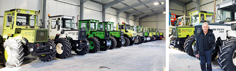 In Reih und Glied stehen die MB-Tracs und ein Unimog in der Halle von Anton Obermeier. Sein Liebling ist „Schneewittchen“, ein weißer MB-Trac 700. Bilder: Markus Bauer