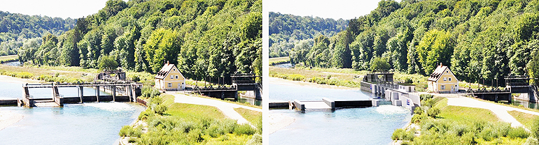 Das bisherige Großhesseloher Wehr und die Anlage nach dem Umbau mit der Fischtreppe (am Ufer rechts). Bild: cam.p-solutions