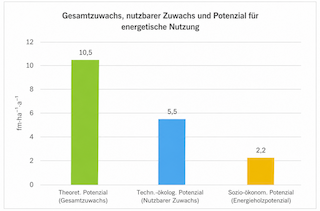 Abbildung 1. Zuwachs (theoretisches Potenzial), potenziell nutzbare Holzmenge (technisch-ökologisches Potenzial) und potenziell nutzbare Energieholzmenge (sozio-ökonomisches Potenzial) im Oberland bei einem Energieholzanteil am Einschlag von 47% im Privat- und Körperschaftswald und 27% im Staatswald.