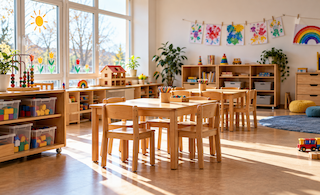 Sonniger, leerer Kindergartenraum mit Spielzeug