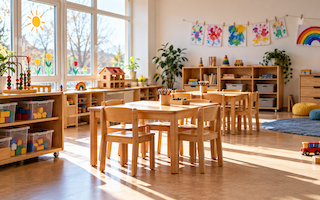 Sonniger, leerer Kindergartenraum mit Spielzeug