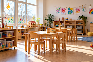 Sonniger, leerer Kindergartenraum mit Spielzeug