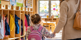 Sonniger, leerer Kindergartenraum mit Spielzeug